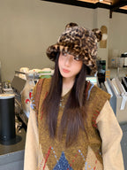 New Korean Style Casual Hat for Women Winter Cute Leopard Print Plush Fisherman Hat Korean Style Warm Versatile Student Bucket Hat