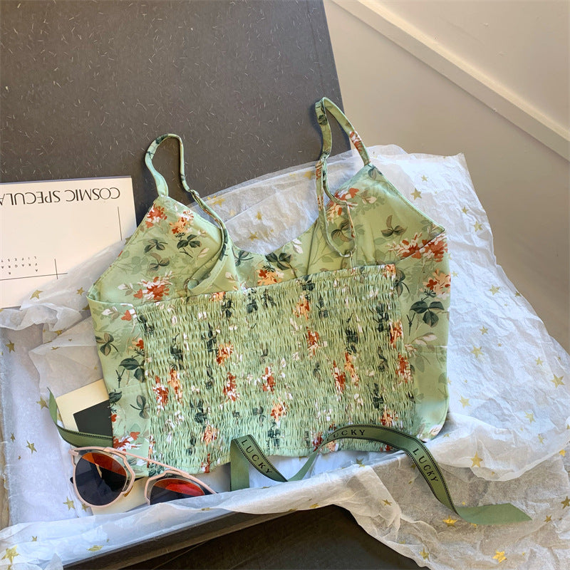 Custom Celebrity Design（with Chest Pad）Sexy Pure Desire Floral Short Camisole Summer High Waist Crop Top Versatile Top