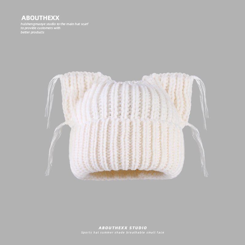 Same Style as Stars2025Winter Essential Cat Ear Tassel Hat for Women, Thickened Warm Knitted Hat, Fashionable Versatile Autumn Winter Cute Quality Style