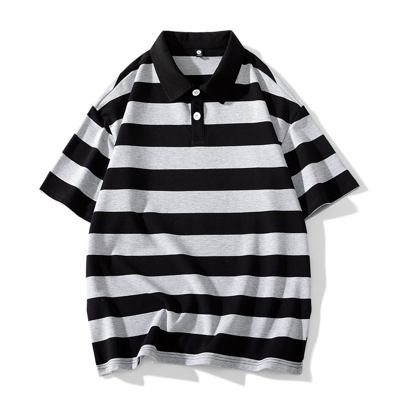 Star Style Classic Short Sleeve Unisex Summer New Loose Fit Trendy Brand Solid Color Couple Hong Kong Style Double Pearl Cotton Short Sleeve T Shirt Lapel POLO Shirt