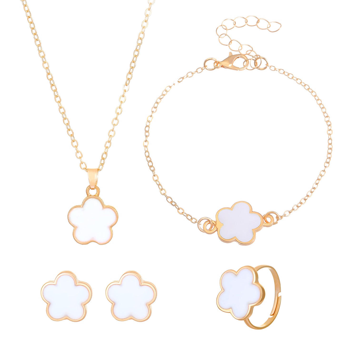 Same Style as Stars2025New Five-leaf Clover Jewelry Set for Women Simple Petal Necklace Five-leaf Flower Bracelet Ring Earrings4Set shipped together for safety