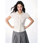 Star Custom Polka Dot Elastic Cuff Turn-Down Collar Shirt for Women Summer Slim Fit Sweet Design Short Sleeve Shirt