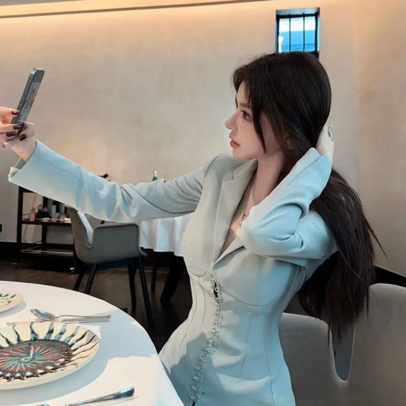 French simplicity OL Style Long Sleeve Small Blazer Waist-Cinching Jacket Women Autumn Winter New Style Bodycon Midi Skirt Two-Piece Set