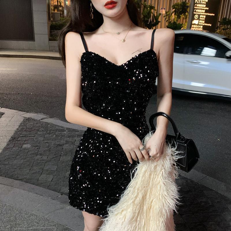 Sequin Strap Dress Little Black Dress Nightclub Black Slimming Sexy Disco Women's Short Dress Party Gathering Dress