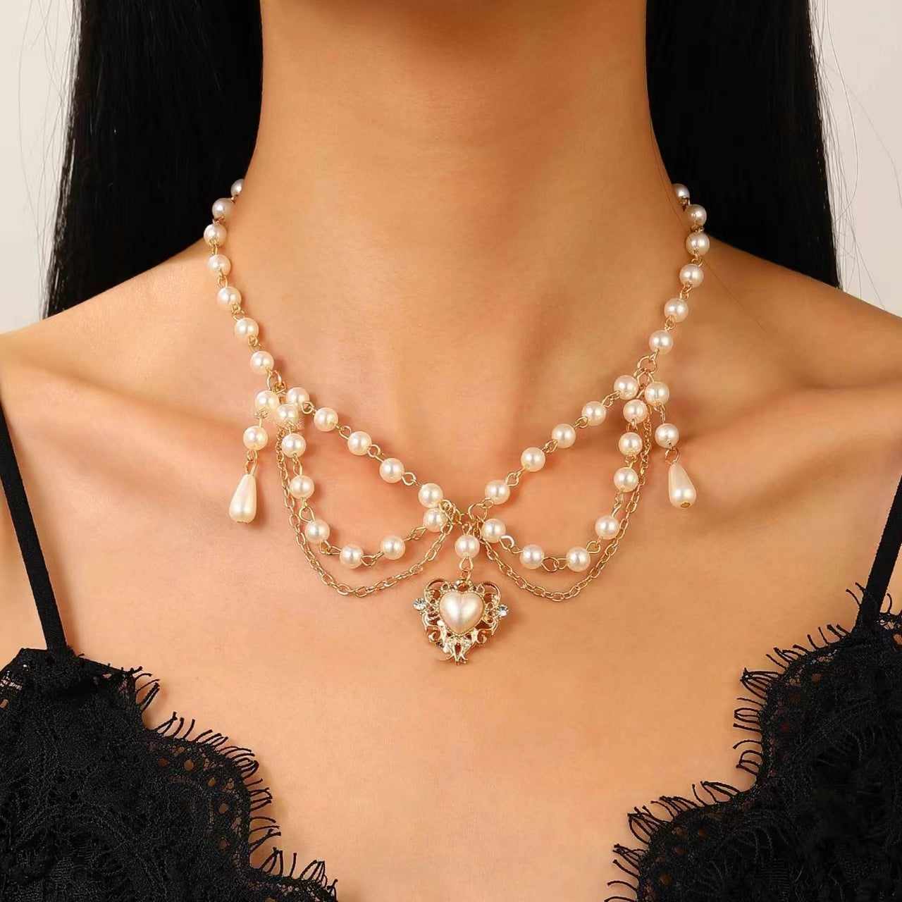 Celebrity Style Jewelry Niche Design Hot Girl Imitation Pearl Tassel Heart Cross Butterfly Versatile Necklace for Women