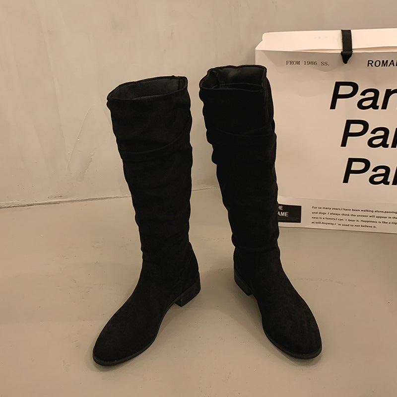 Over-the-Knee Khaki Slouch Boots High Tube Riding Boots Women's Shoes New Autumn Winter Pleated Slimming Long Boots