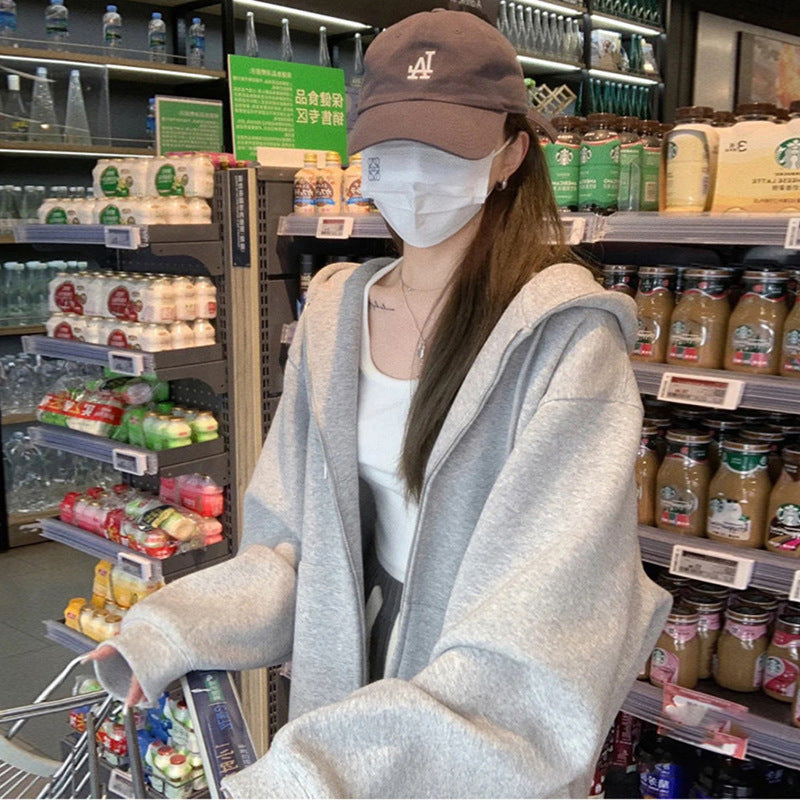 Early Autumn Women's Sweatshirt Jacket2025Spring and Autumn New Style Hooded Loose Casual Cardigan Thin Sports Fleece Top