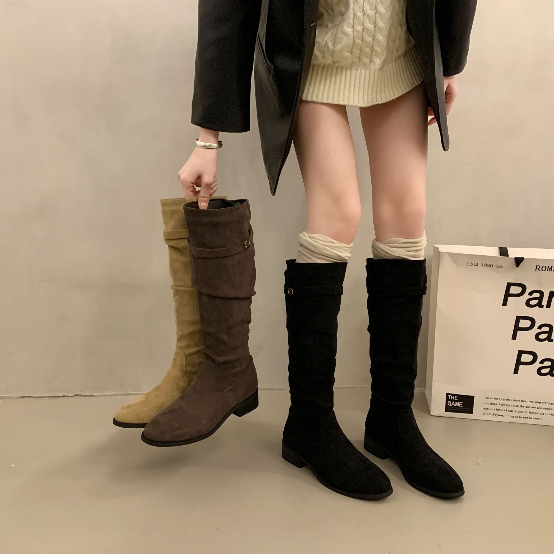 Over-the-Knee Khaki Slouch Boots High Tube Riding Boots Women's Shoes New Autumn Winter Pleated Slimming Long Boots