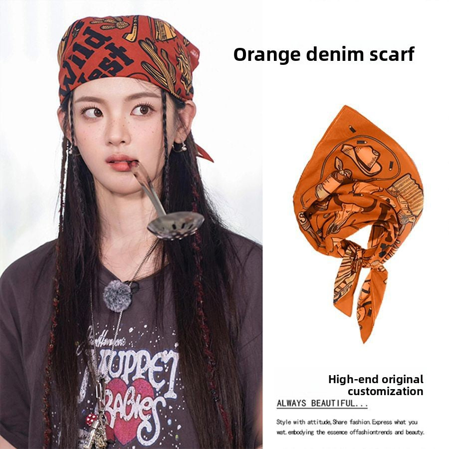 Celebrity Style Denim Print Headscarf Retro Fashion Niche High-end Feel Hairband Sweet Cool Unique Hair Accessory Decorative Headscarf