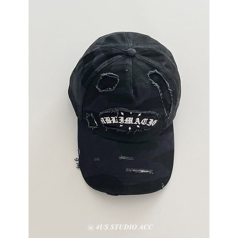 Celebrity Style Spring Summer New American Retro Distressed Camouflage Letter Baseball Cap for Women, Face Slimming Hat, Large Head Circumference Duckbill Cap