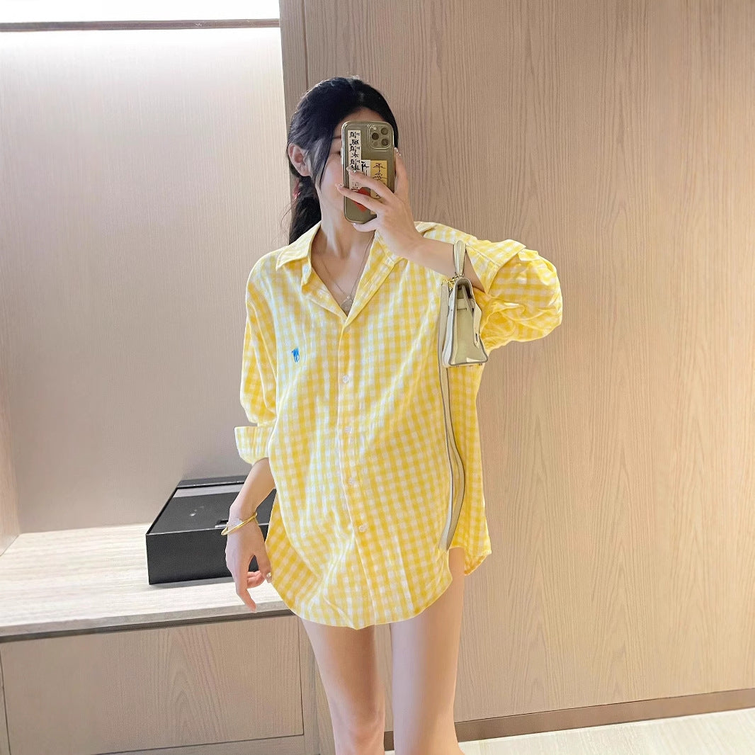 RL Raff Little Pony Logo Embroidered Long Sleeve Plaid Shirt for Women POLO Cotton Sun Protection Shirt Spring Summer Casual Top