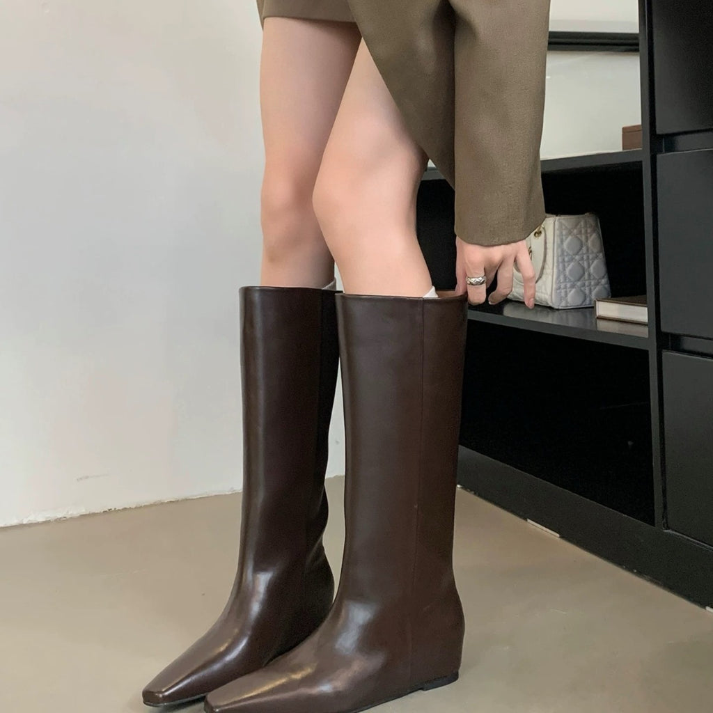 Star Custom Celebrity Cowhide Melad Wide Tube Square Toe Women's Riding Boots with Hidden Heel, Slimming Long Boots, Over-the-Knee Comfortable Boots