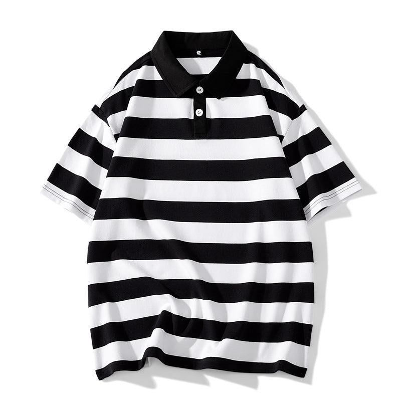 Star Style Classic Short Sleeve Unisex Summer New Loose Fit Trendy Brand Solid Color Couple Hong Kong Style Double Pearl Cotton Short Sleeve T Shirt Lapel POLO Shirt