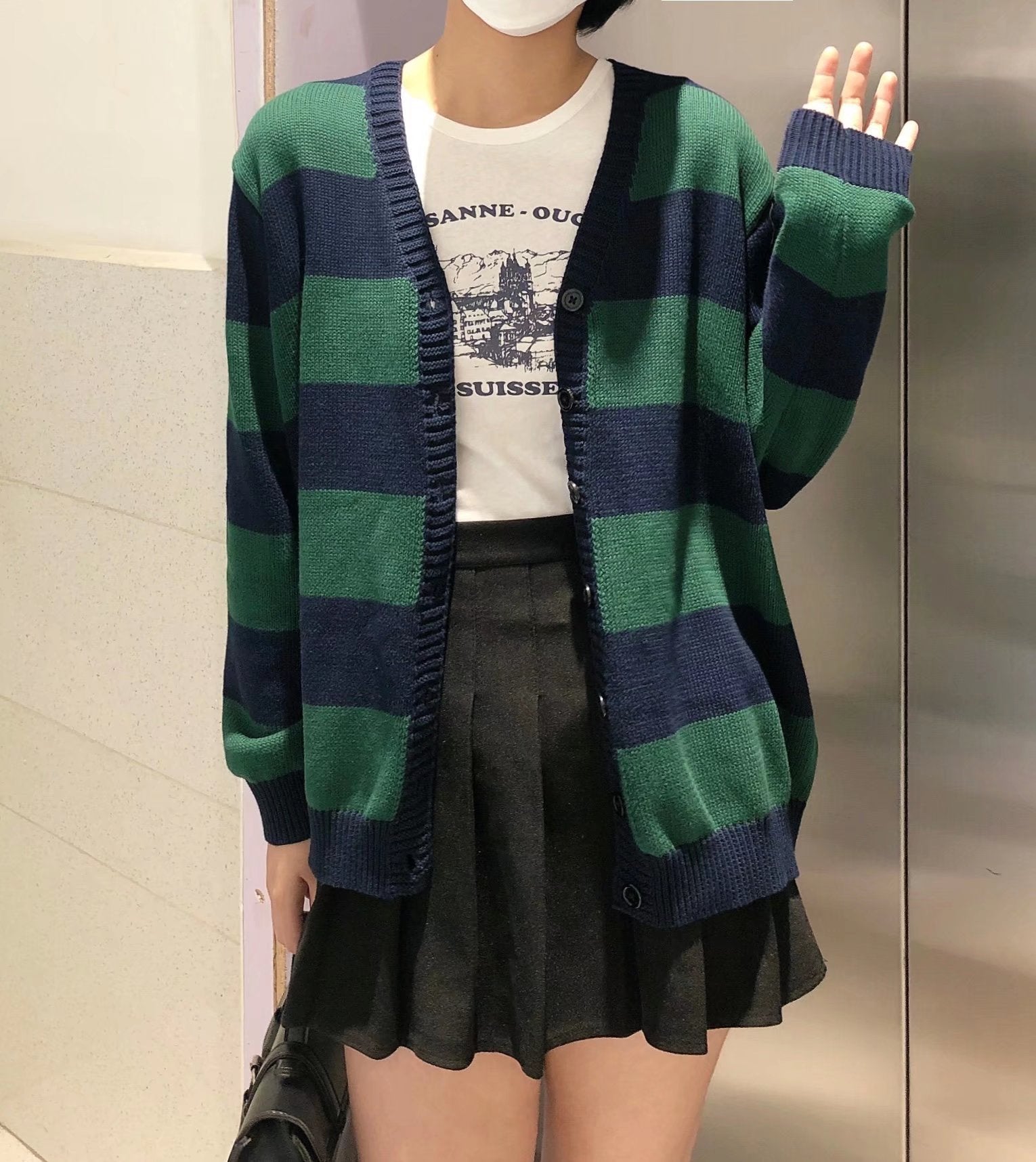 BM Style Retro College Style V-Neck Green Striped Loose BM Knitted Sweater Cardigan Coat for Women