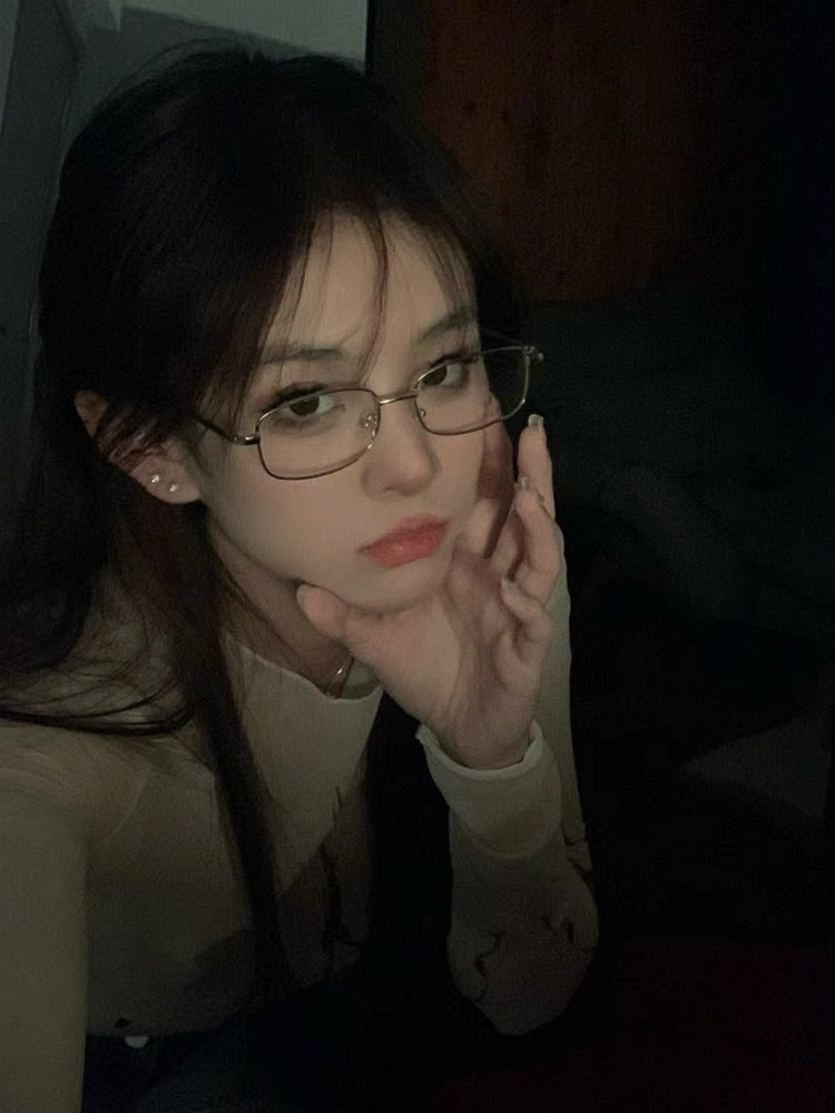 Same Style as Stars2026Latest Square Frame Gold Wire Edge Glasses Frame for Women Trendy Concave Shape Narrow Frame Small Face Retro Can Be Paired with Prescription Lenses