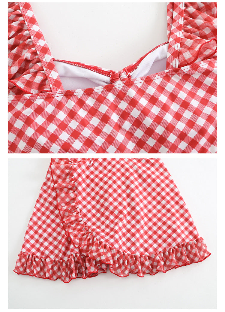 Custom Celebrity Design2025New Korean Niche Pure Desire Style Red Plaid Slimming Covering Body Conservative Beach Hot Spring One-Piece Swimsuit for Women