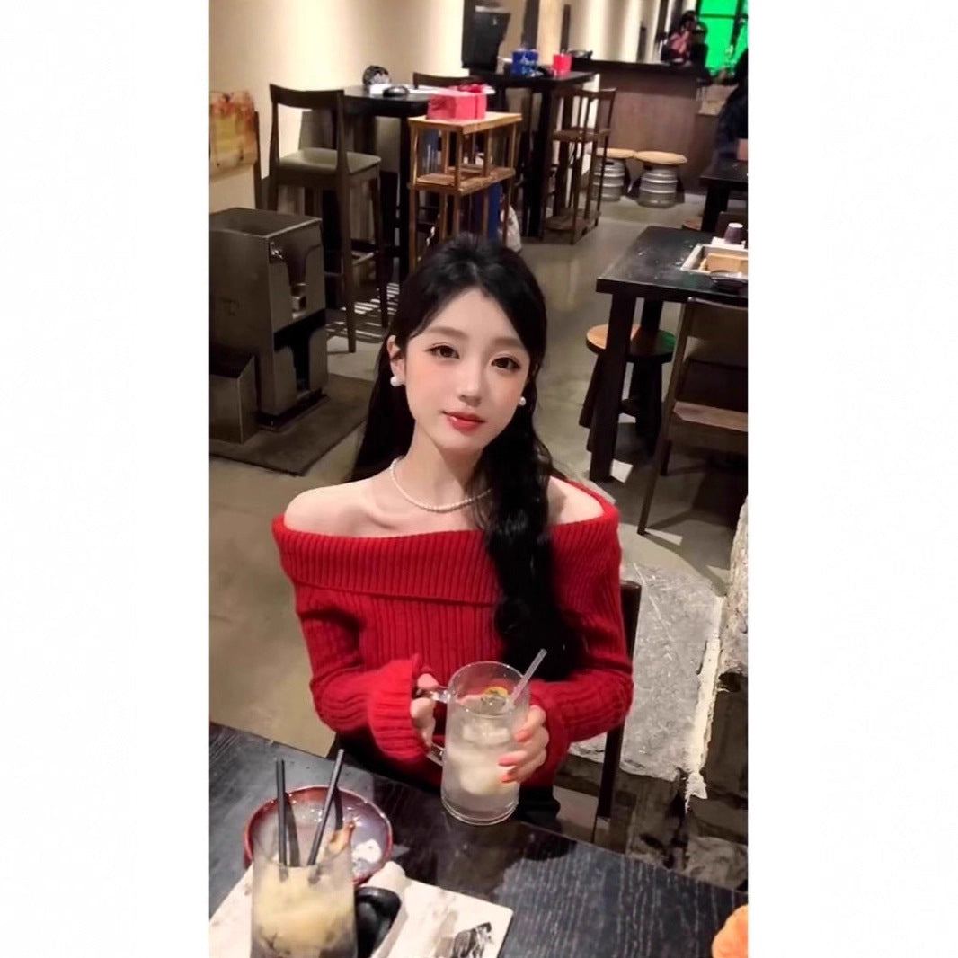 "POV: First Date" Off-Shoulder Knit Sweater - Romantic Cherry Red