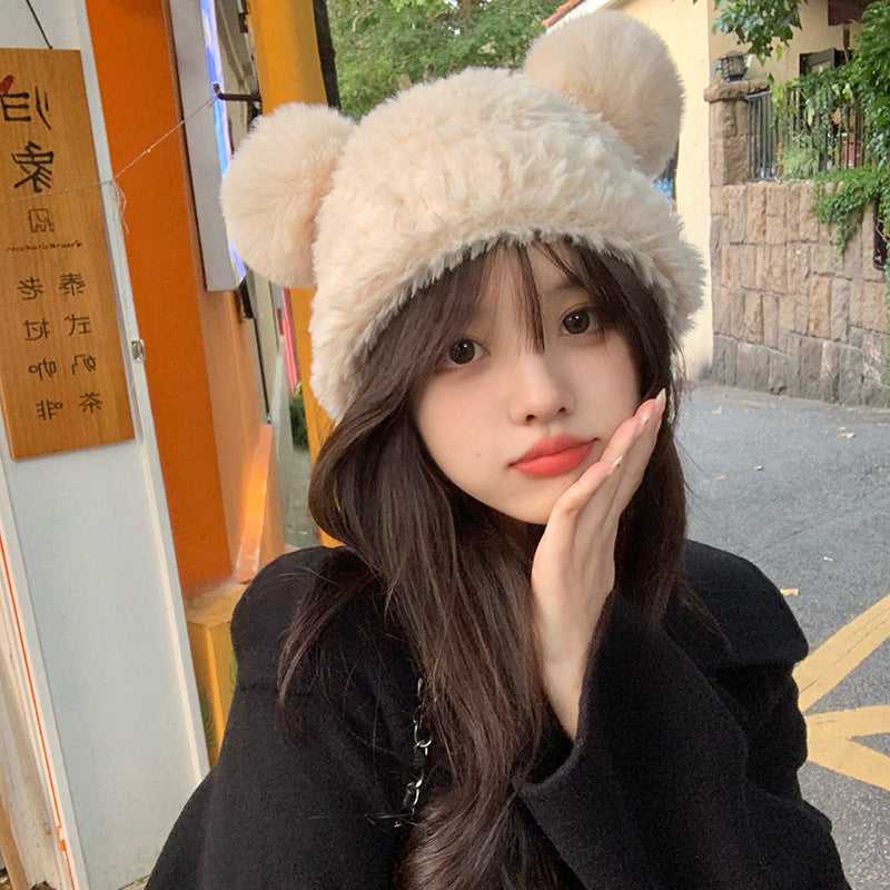Korean Sweet Cute Bear Plush Knitted Hat for Women, Thickened and Warm for Autumn and Winter, Face-Slimming Beanie