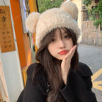 Korean Sweet Cute Bear Plush Knitted Hat for Women, Thickened and Warm for Autumn and Winter, Face-Slimming Beanie