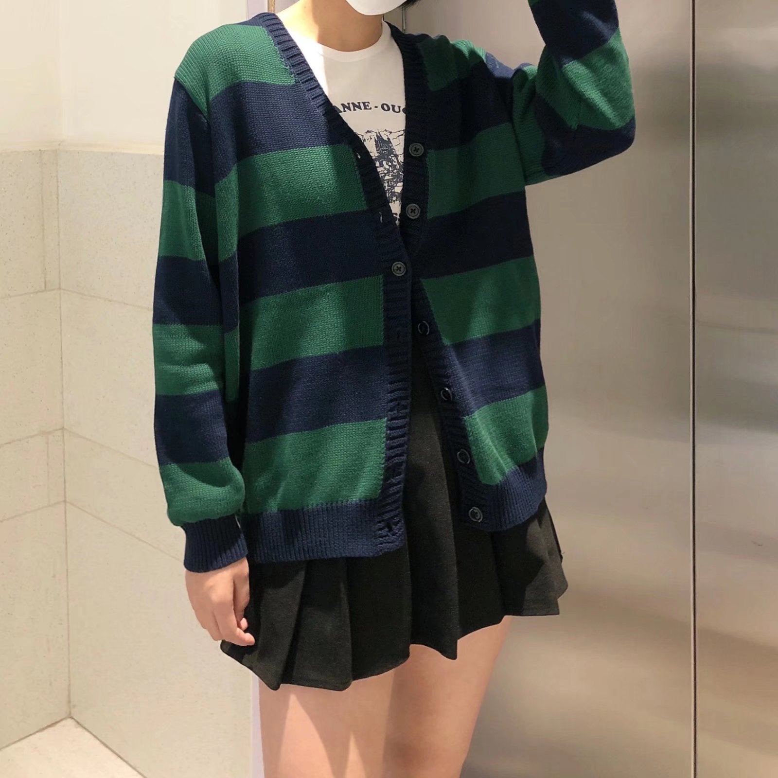 BM Style Retro College Style V-Neck Green Striped Loose BM Knitted Sweater Cardigan Coat for Women