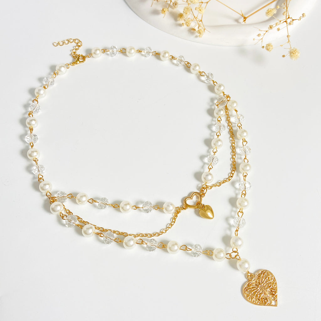 Celebrity Style Jewelry Niche Design Hot Girl Imitation Pearl Tassel Heart Cross Butterfly Versatile Necklace for Women