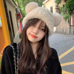 Korean Sweet Cute Bear Plush Knitted Hat for Women, Thickened and Warm for Autumn and Winter, Face-Slimming Beanie