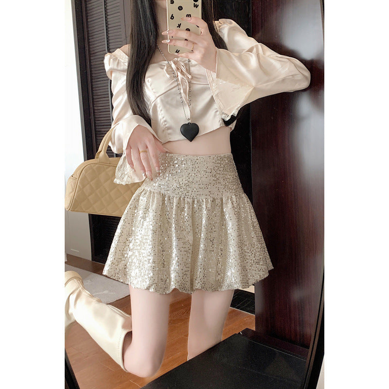 "Traitor" MV Vibe Sequin Skirt - Cream Coquette Mini