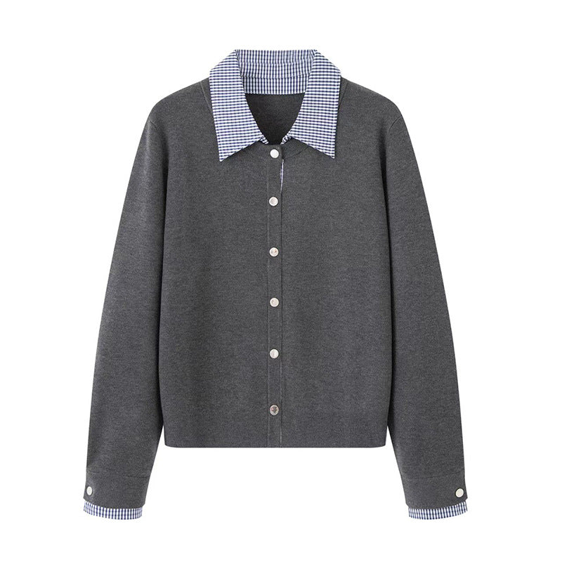 Custom Celebrity Design2025Autumn New Versatile Loose Fit Shirt Collar Plaid Patchwork Fake Two-Piece Knitted Sweater for Women 1EDF4173