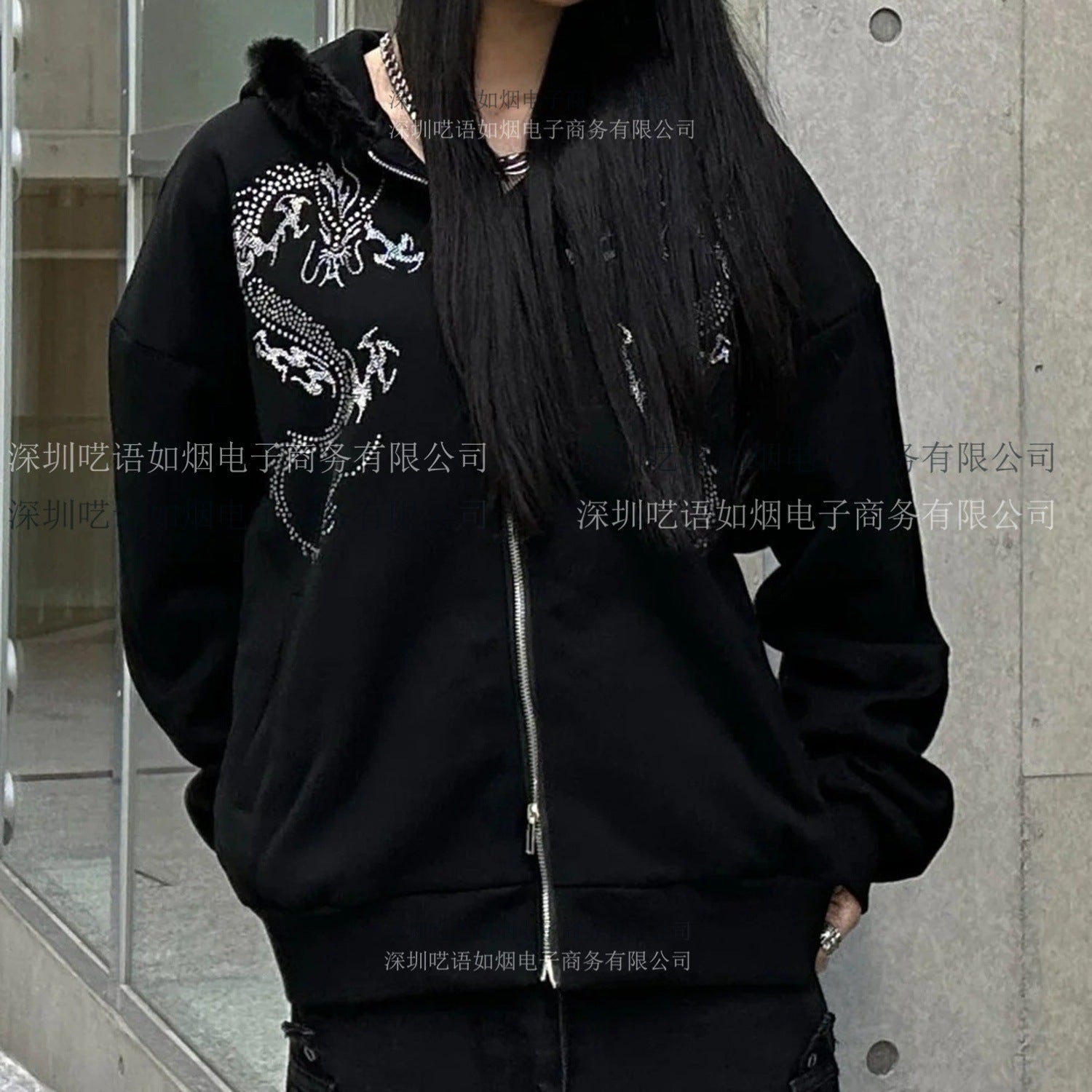 Loose Zipper Sweatshirt with Rhinestones, Long Sleeve Pullover Hoodie, Vintage Jacket for Street Style