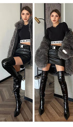 2025New Large Size Pointed Toe Back Zipper Stiletto Heel Women's Boots Over-the-Knee Bright Leather Long Boots