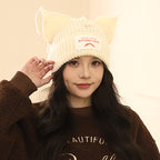 Korean Style Sweet Cute Cat Ear Knitted Hat for Women, Autumn and Winter Warm Ear Protection with Letter Patch, Versatile Knit Hat