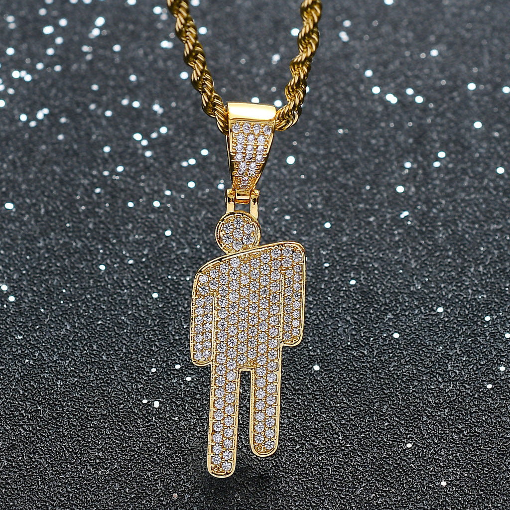Celebrity Style Necklace Billie Crooked Head Pendant Full Zircon Hip-Hop Necklace