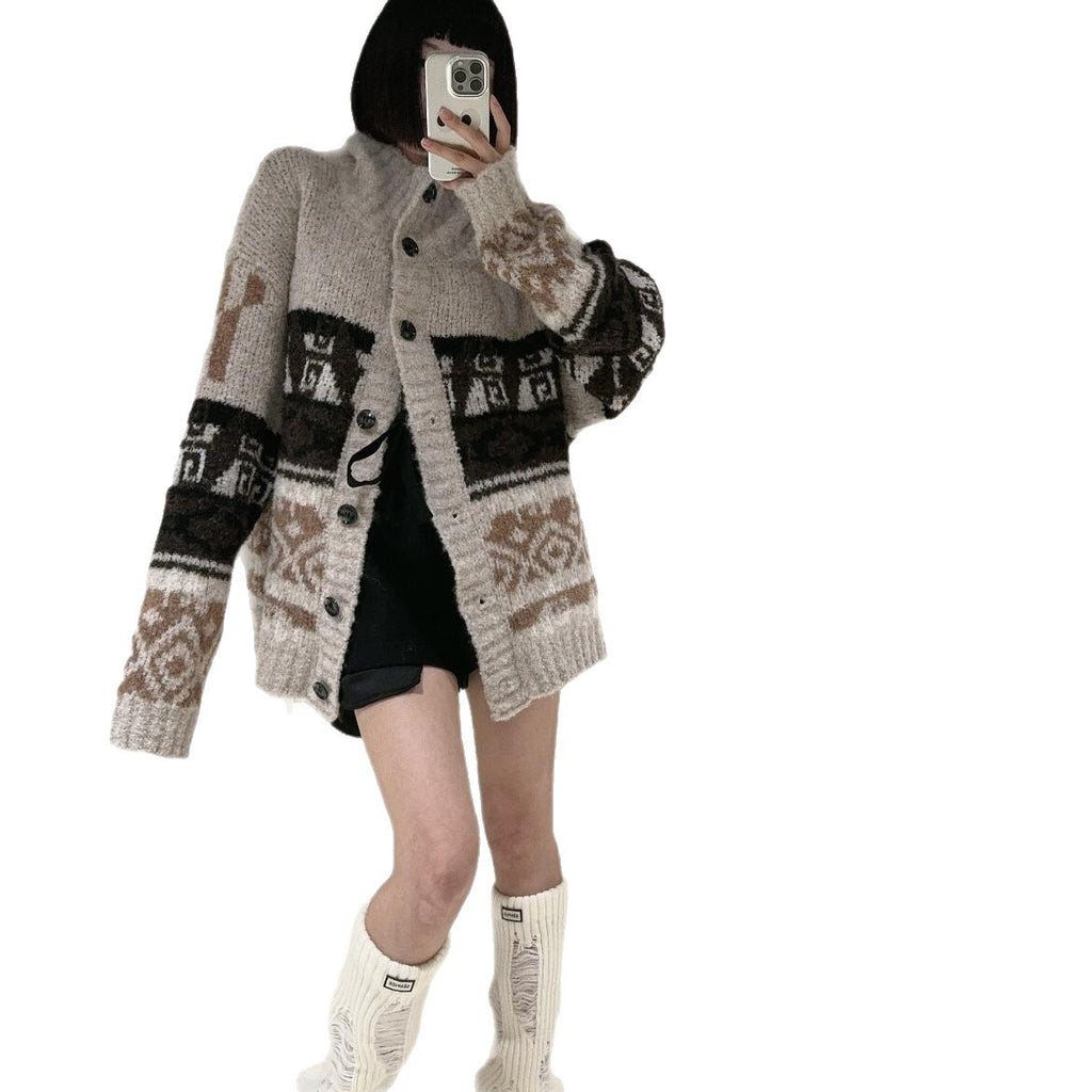 In Stock Korean Niche Trendy Brand Fair Isle Cardigan Coat for Women Loose Lazy Style High Neck Knitted Sweater