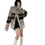 In Stock Korean Niche Trendy Brand Fair Isle Cardigan Coat for Women Loose Lazy Style High Neck Knitted Sweater