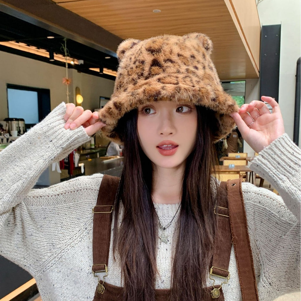 New Korean Style Casual Hat for Women Winter Cute Leopard Print Plush Fisherman Hat Korean Style Warm Versatile Student Bucket Hat