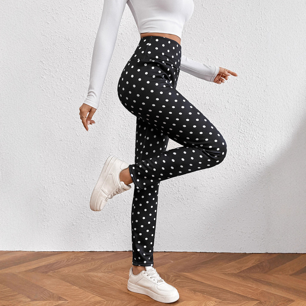 Hot-Selling Lamb Wool Polka Dot Print High-Waisted Slim Fit Warm Women's Leggings Winter New Tight-Fitting
