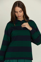 New Retro Striped Polo Shirt Sweatshirt Autumn and Winter New Loose Style Long Sleeve College Style Top