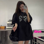 100%100% Cotton Fashion Trendy Brand Short Sleeve t Korean Style Women's Loose Hong Kong Style Heavy Rhinestone Slimming Half Sleeve Top