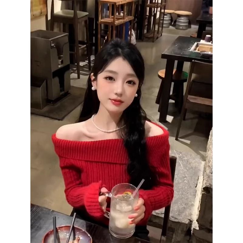 "POV: First Date" Off-Shoulder Knit Sweater - Romantic Cherry Red