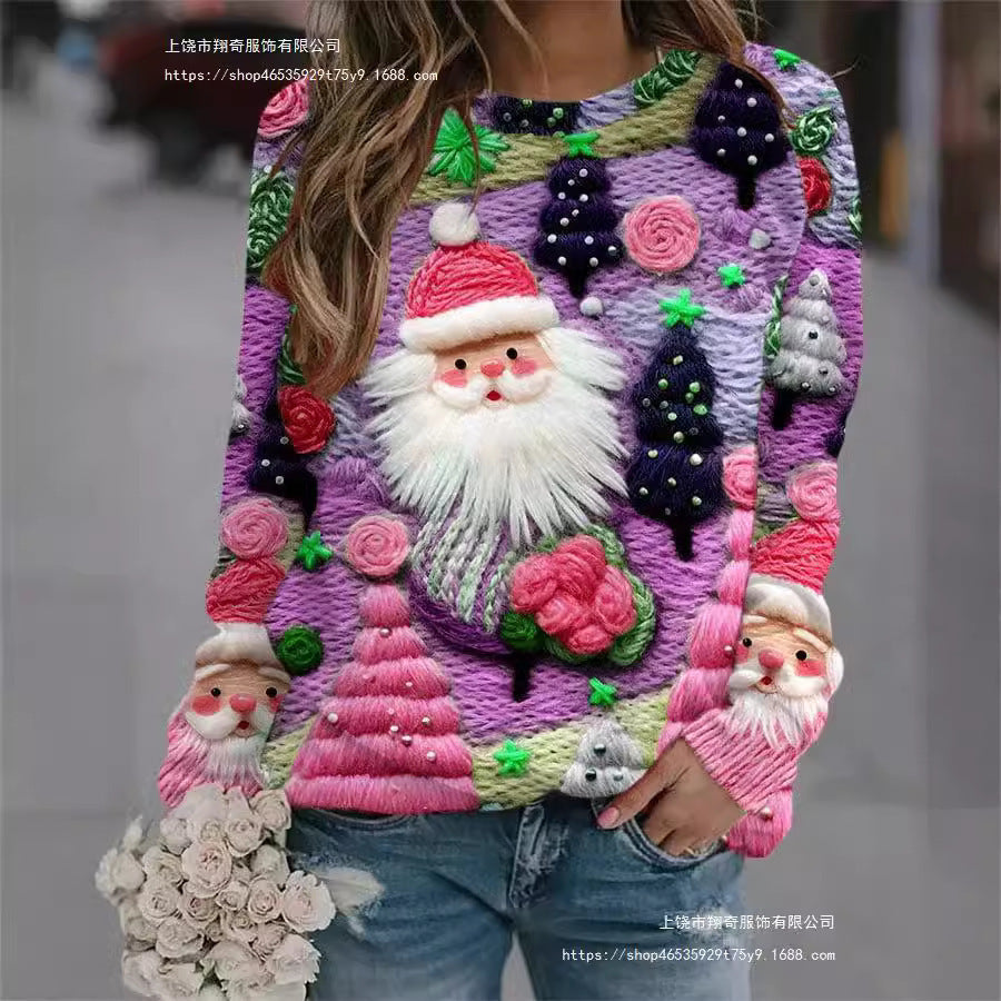 Autumn and Winter Santa Claus Round Neck Sweatshirt Ladies Color3D Printed Unisex Christmas Tops