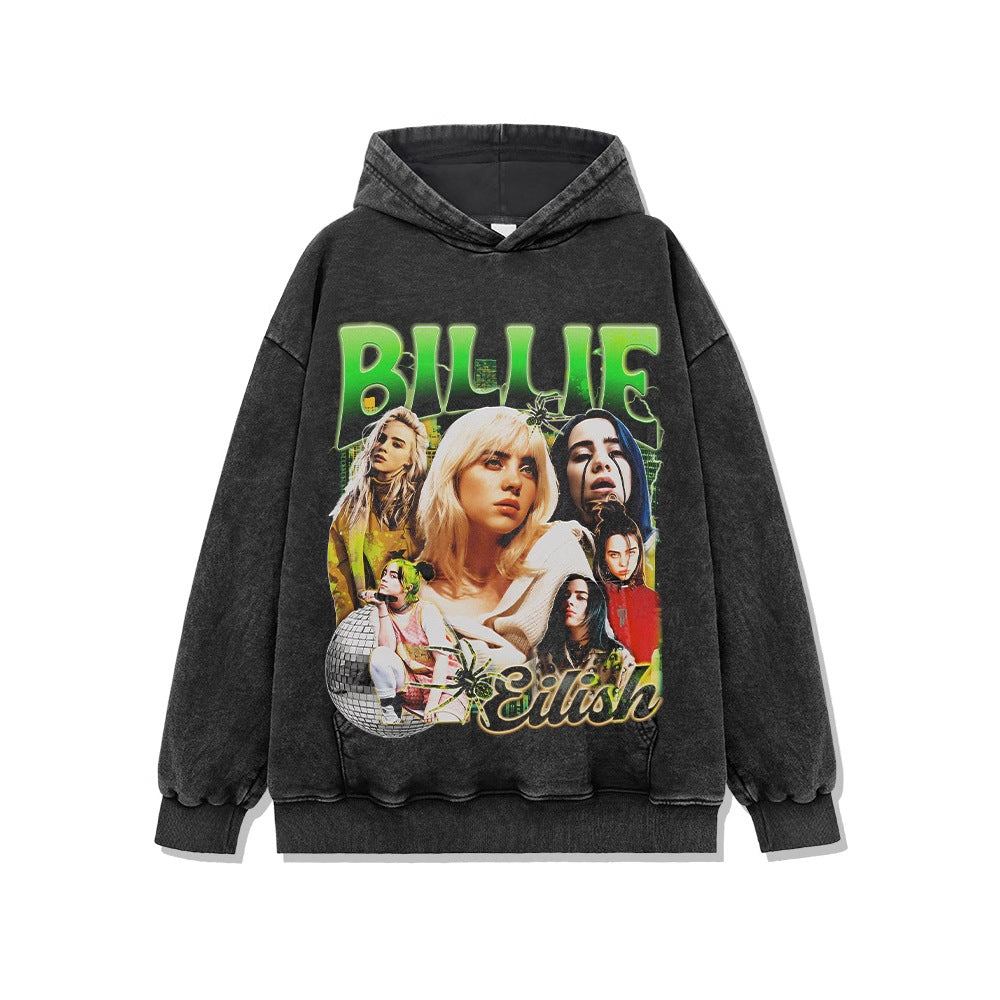 Same Style as Stars Billie Printed Short Sleeve T Trendy Heavyweight Crew Neck Hooded Sweatshirt