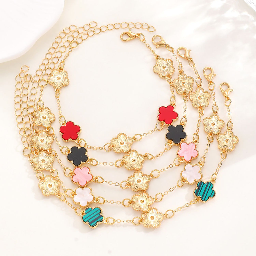 Same Style as Stars2025New Five-leaf Clover Jewelry Set for Women Simple Petal Necklace Five-leaf Flower Bracelet Ring Earrings4Set shipped together for safety