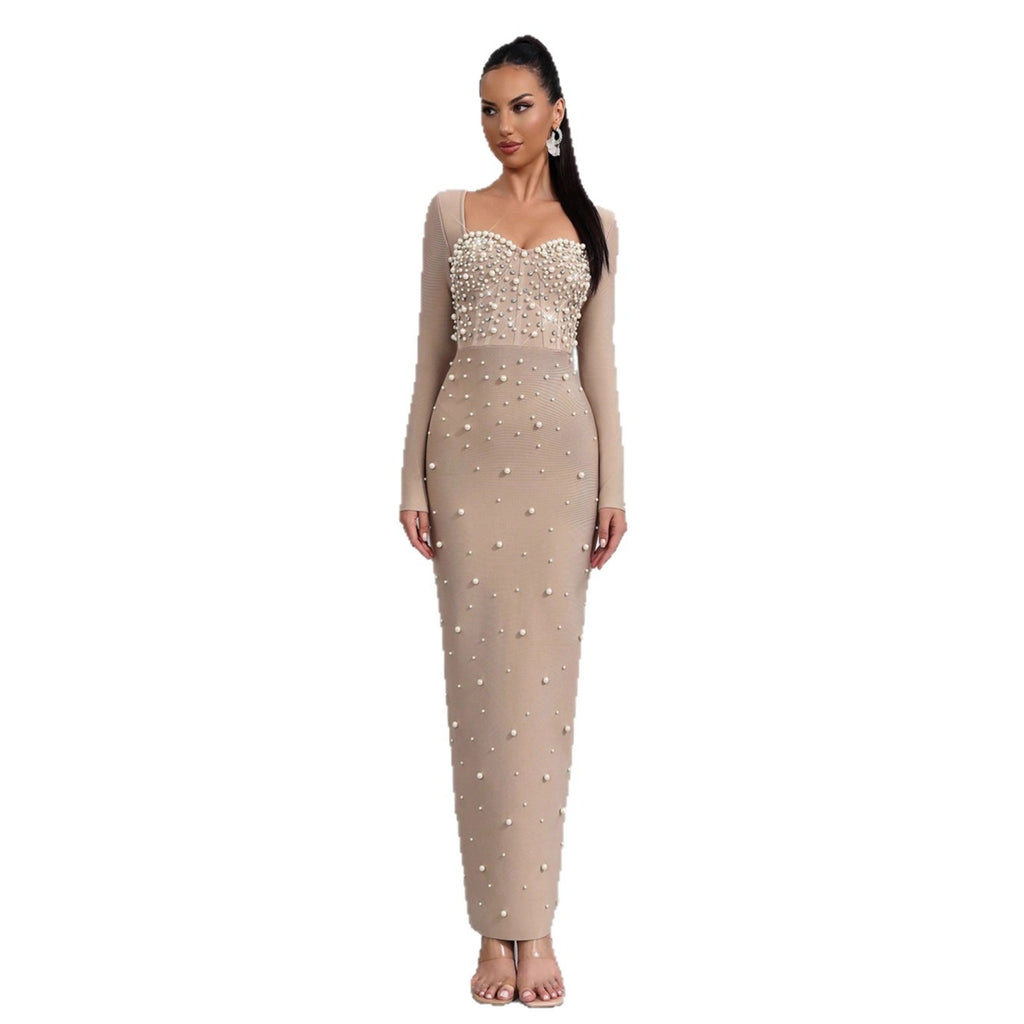 Star Custom Autumn New Beaded Diamond Tight Luxury Long Dress Bandage Dress Women Long Sleeve Elegant Evening Party Gown