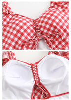 Custom Celebrity Design2025New Korean Niche Pure Desire Style Red Plaid Slimming Covering Body Conservative Beach Hot Spring One-Piece Swimsuit for Women