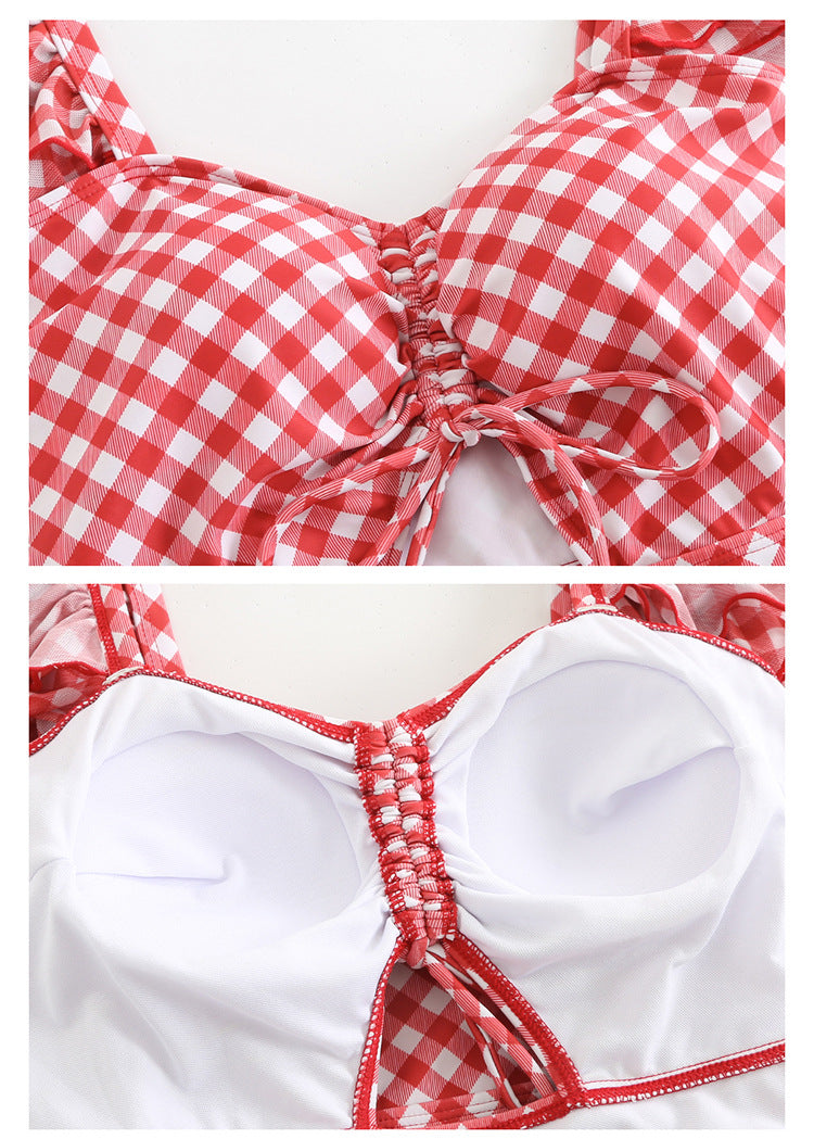 Custom Celebrity Design2025New Korean Niche Pure Desire Style Red Plaid Slimming Covering Body Conservative Beach Hot Spring One-Piece Swimsuit for Women