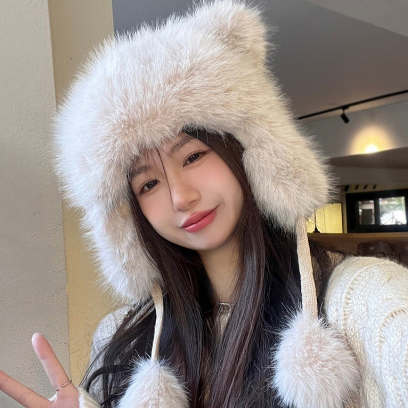 Little Bear Ear Protection Hat for Women, Autumn and Winter Warmth, Thickened with Fleece2025New Plush Cute Lei Feng Hat