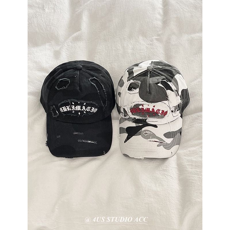 Celebrity Style Spring Summer New American Retro Distressed Camouflage Letter Baseball Cap for Women, Face Slimming Hat, Large Head Circumference Duckbill Cap