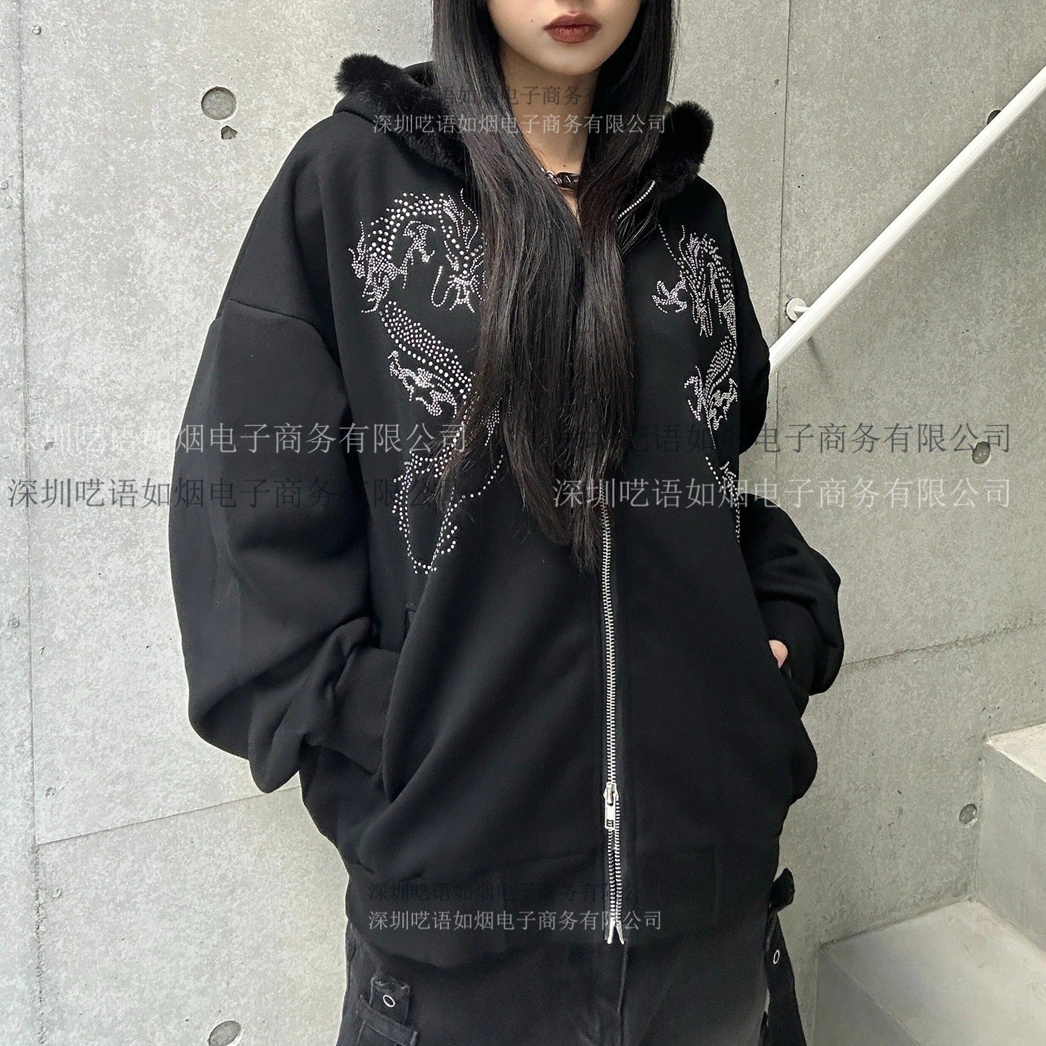 Loose Zipper Sweatshirt with Rhinestones, Long Sleeve Pullover Hoodie, Vintage Jacket for Street Style