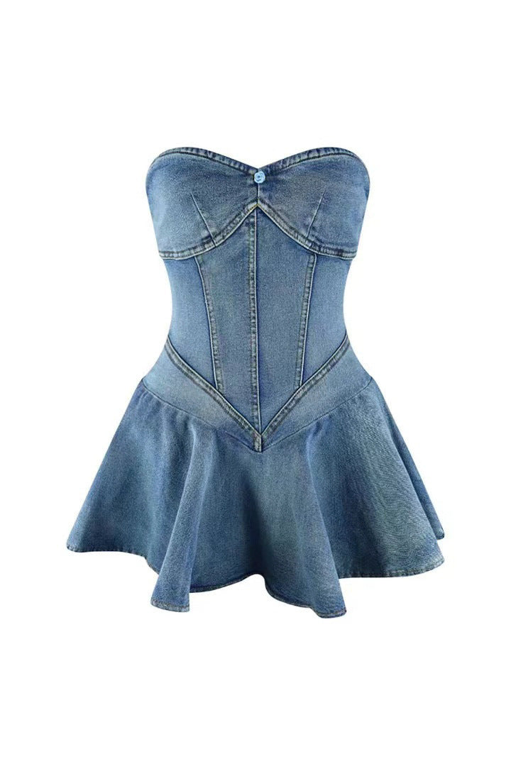 D8699Women's Fashion Sleeveless Tube Top Denim Sexy Hot Girl A Word mini Dress