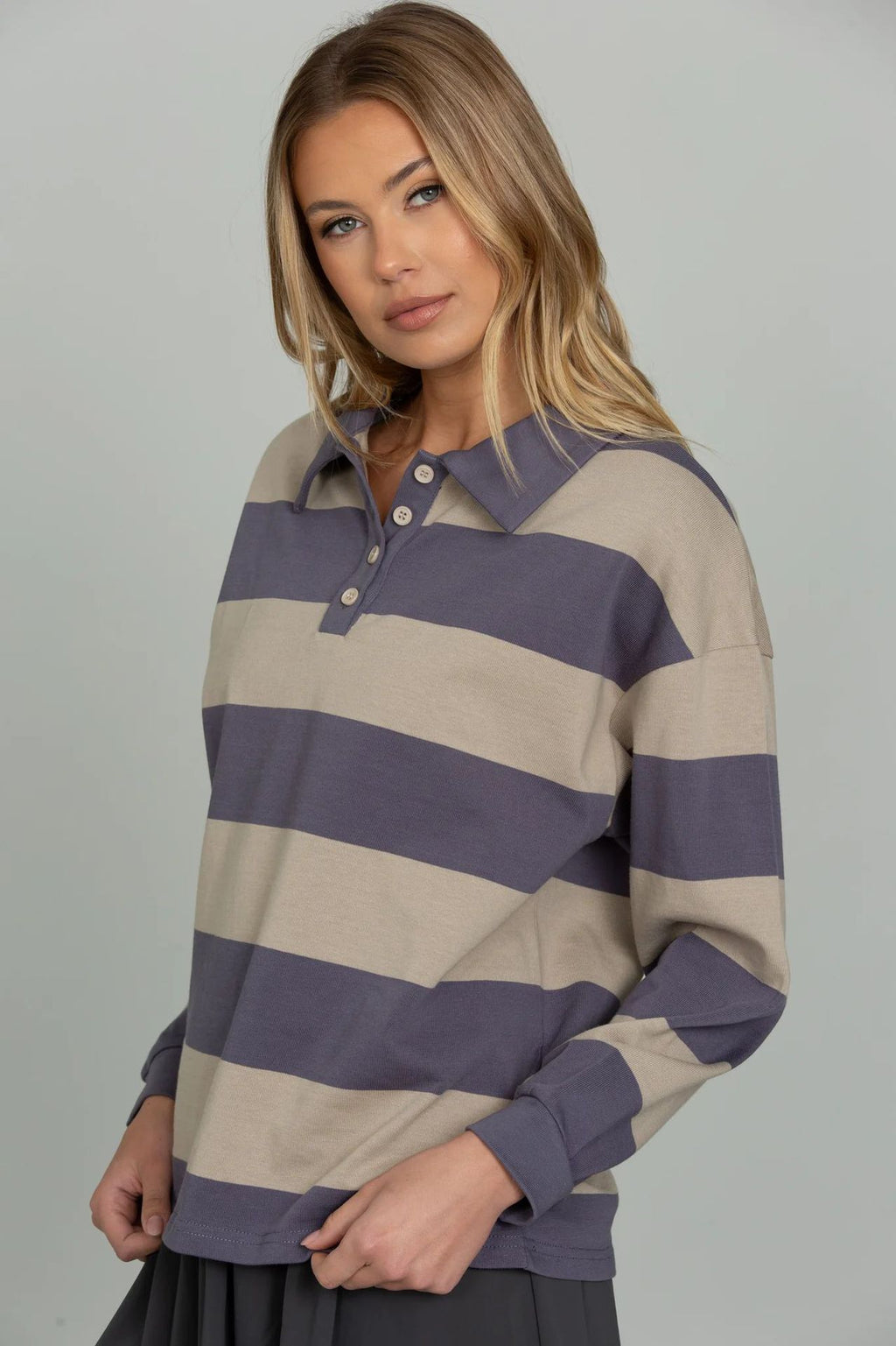 New Retro Striped Polo Shirt Sweatshirt Autumn and Winter New Loose Style Long Sleeve College Style Top